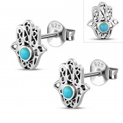 Hamsa Stud Silver Earrings set w Turquoise, e327